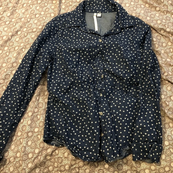 Lauren Conrad denim button down shirt white hearts - Picture 2 of 3